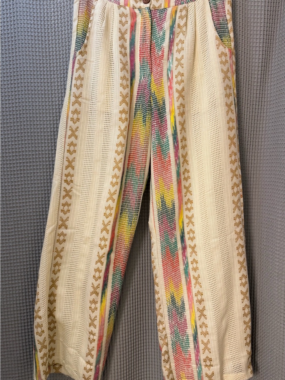 En Creme Cream Wide-Leg Crochet Pants with Multicolor Ikat Panels
